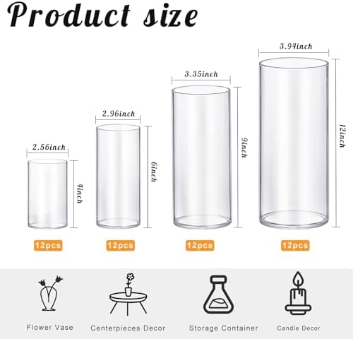 48 Pack Thick Glass Cylinder Vases 4,6,9,12 Inch Tall Clear Flower Vase Hurricane Floating Candle Holder for, alternate view