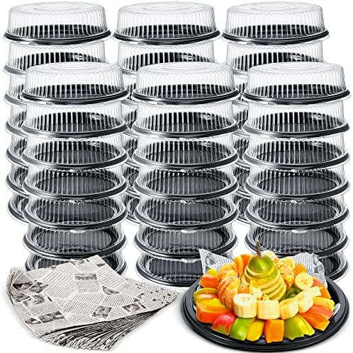 48 Pcs 12" Serving Platters with Lids Black Plastic Round in one size in black, white and clear