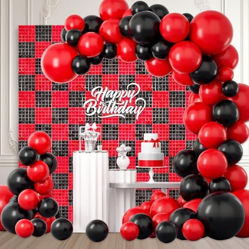 48 PCS Black Red Shimmer Wall Backdrop, Square Sequin Photo Backdrops Panel, Glitter Wall Background for
