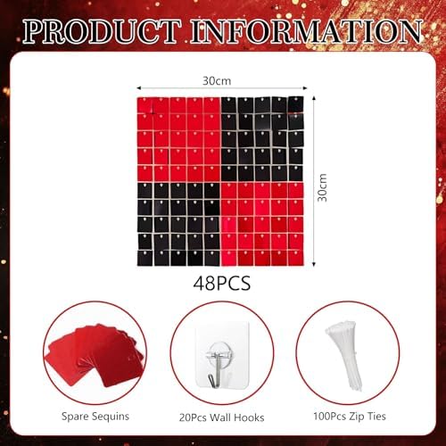 48 PCS Black Red Shimmer Wall Backdrop, Square Sequin Photo Backdrops Panel, Glitter Wall Background for, alternate view 2