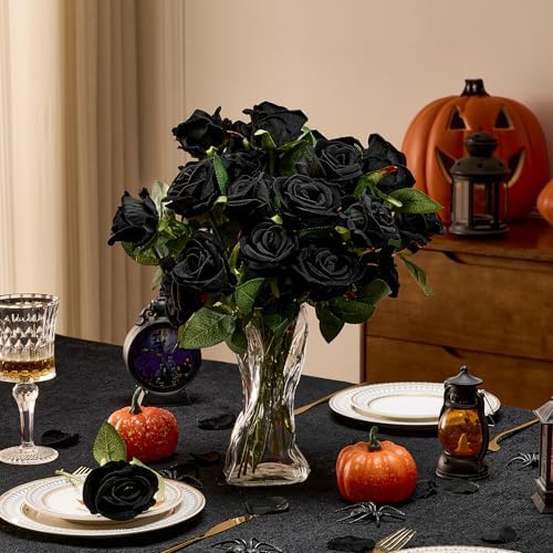 48 PCS Black Roses, Velvet Realistic Fake Flowers w/Stems in Black, alternate view 2