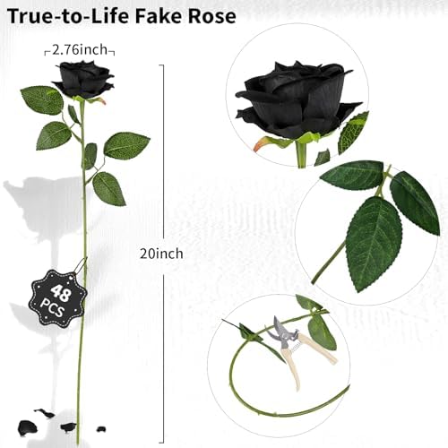 48 PCS Black Roses, Velvet Realistic Fake Flowers w/Stems in Black, alternate view 4