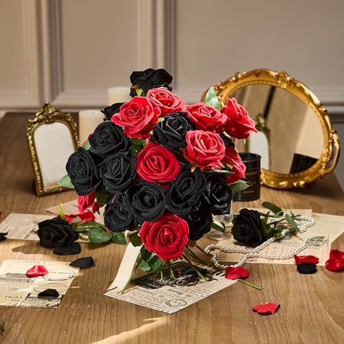 48 PCS Black Roses, Velvet Realistic Fake Flowers w/Stems in Black, alternate view 6