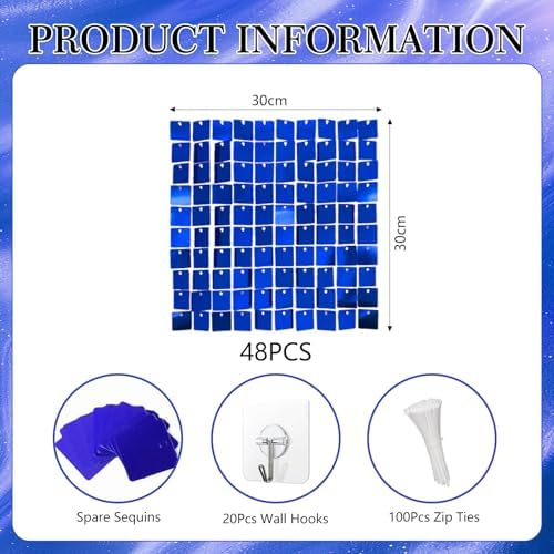 48 PCS Blue Shimmer Wall Backdrop, Square Sequin Photo Backdrops Panel, Glitter Wall Background for Birthdays, alternate view