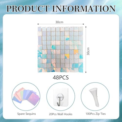 48 PCS Colorful Blue Shimmer Wall Backdrop, Square Sequin Photo Backdrops Panel, Glitter Wall Background for, alternate view