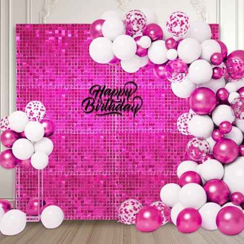 48 PCS Fuchsia Shimmer Wall Backdrop, Square Sequin Photo Backdrops Panel, Glitter Wall Background for
