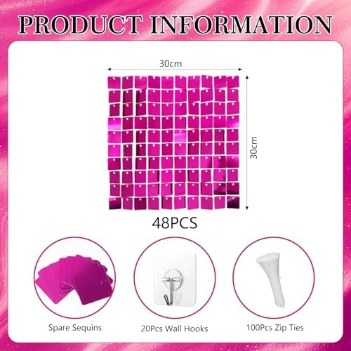 48 PCS Fuchsia Shimmer Wall Backdrop, Square Sequin Photo Backdrops Panel, Glitter Wall Background for, alternate view 2