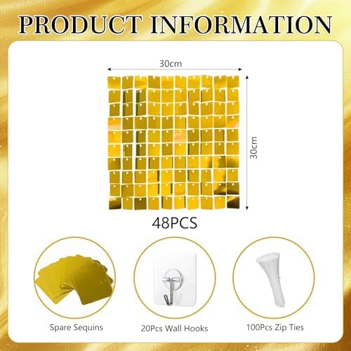 48 PCS Gold Shimmer Wall Backdrop, Square Sequin Photo Backdrops Panel, Glitter Wall Background for Birthdays, alternate view