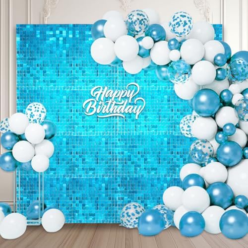 48 PCS Lake Blue Shimmer Wall Backdrop, Square Sequin Photo Backdrops Panel, Glitter Wall Background for