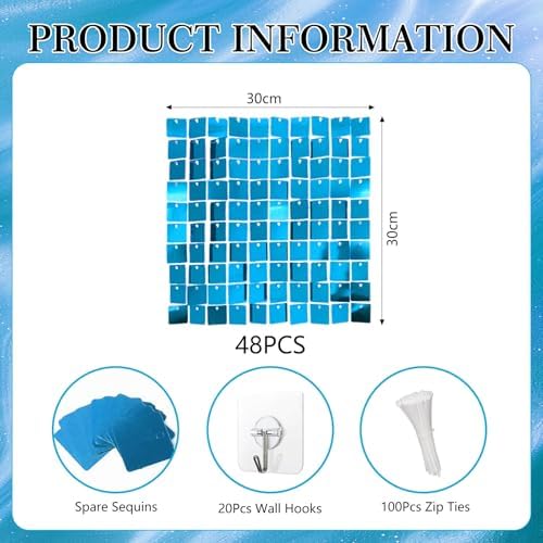 48 PCS Lake Blue Shimmer Wall Backdrop, Square Sequin Photo Backdrops Panel, Glitter Wall Background for, alternate view 2