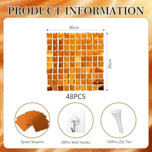 48 PCS Orange Shimmer Wall Backdrop, Square Sequin Photo Backdrops Panel, Glitter Wall Background for Birthdays, alternate