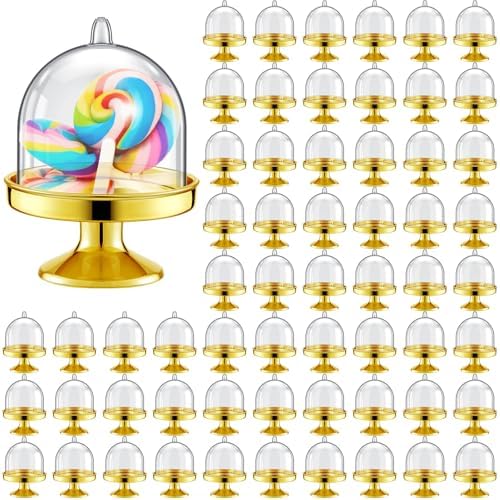 48 Pcs Plastic Mini Cake Stand with Dome Lid, Gold in Gold