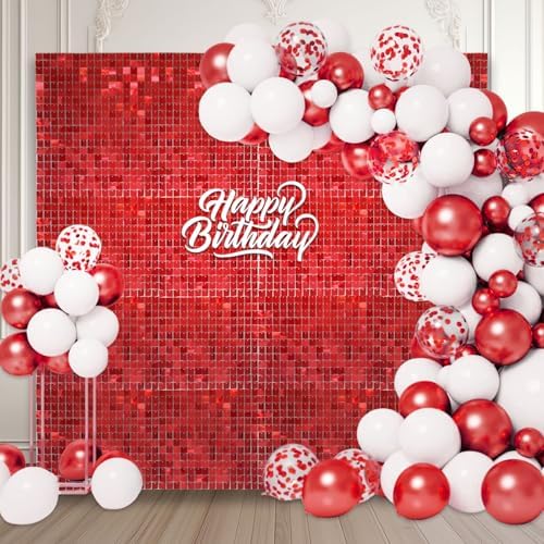 48 PCS Red Shimmer Wall Backdrop, Square Sequin Photo Backdrops Panel, Glitter Wall Background for Birthdays