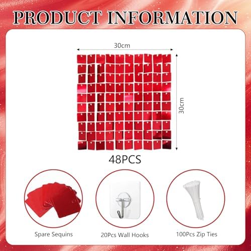 48 PCS Red Shimmer Wall Backdrop, Square Sequin Photo Backdrops Panel, Glitter Wall Background for Birthdays, alternate view