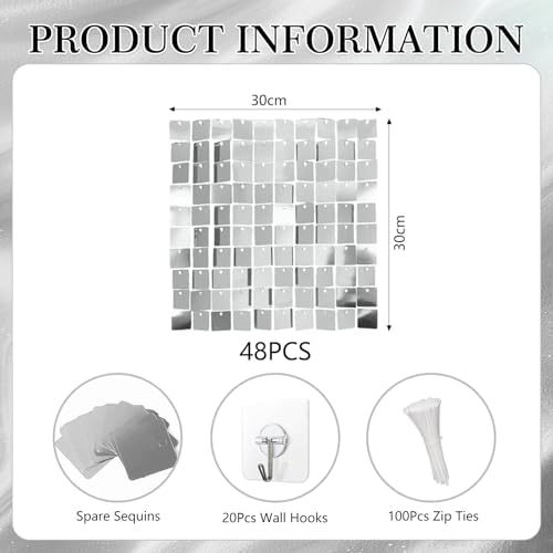 48 PCS Silver Shimmer Wall Backdrop, Square Sequin Photo Backdrops Panel, Glitter Wall Background for Birthdays, alternate