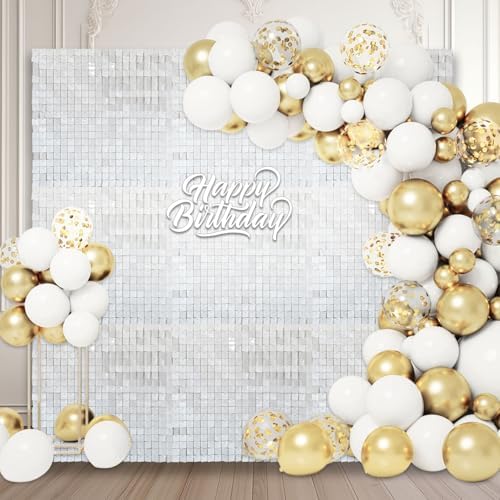 48 PCS White Shimmer Wall Backdrop, Square Sequin Photo Backdrops Panel, Glitter Wall Background for Birthdays