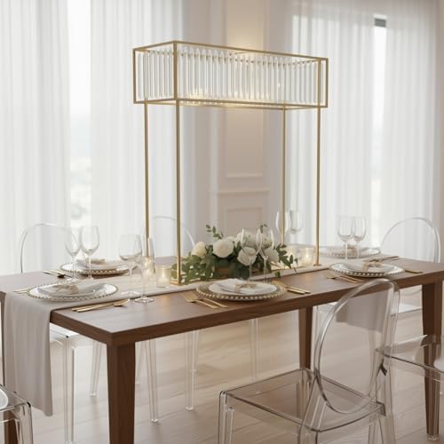 48" Tall Crystal Pendant Flower Stand, Gold Metal Rectangular Centerpiece Vase - Premium Floor Display Rack for