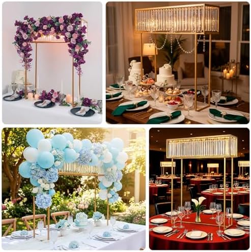 48" Tall Crystal Pendant Flower Stand, Gold Metal Rectangular Centerpiece Vase - Premium Floor Display Rack for, alternate