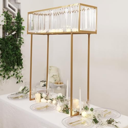 48" Tall Crystal Pendant Flower Stand, Gold Metal Rectangular Centerpiece Vase - Premium Floor Display Rack for, alternate