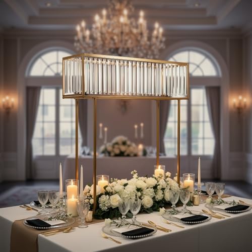 48" Tall Crystal Pendant Flower Stand, Gold Metal Rectangular Centerpiece Vase - Premium Floor Display Rack for, alternate
