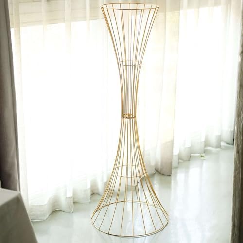48" Tall Gold Metal Wire Trumpet Shaped Flower Centerpiece Stand, Hourglass Open Frame Reversible Pedestal Prop, alternate