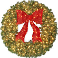 48in Large Artificial Pre-Lit Fir Christmas Wreath Holiday Accent Decoration for Door, Mantel w/Red Lighted Bow