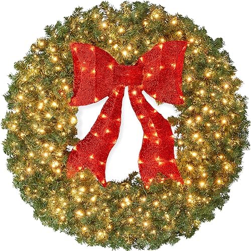 48in Large Artificial Pre-Lit Fir Christmas Wreath Holiday Accent Decoration for Door, Mantel w/Red Lighted Bow