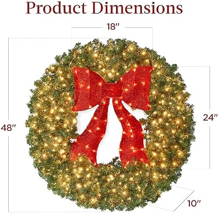 48in Large Artificial Pre-Lit Fir Christmas Wreath Holiday Accent Decoration for Door, Mantel w/Red Lighted Bow, alternate
