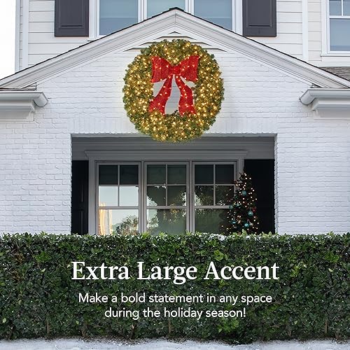 48in Large Artificial Pre-Lit Fir Christmas Wreath Holiday Accent Decoration for Door, Mantel w/Red Lighted Bow, alternate