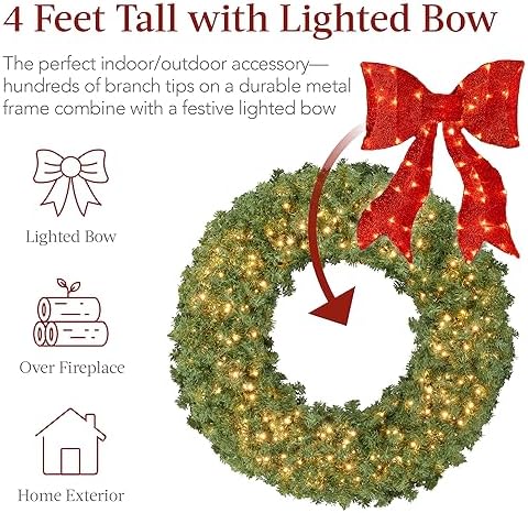 48in Large Artificial Pre-Lit Fir Christmas Wreath Holiday Accent Decoration for Door, Mantel w/Red Lighted Bow, alternate