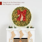 48in Large Artificial Pre-Lit Fir Christmas Wreath Holiday Accent Decoration for Door, Mantel w/Red Lighted Bow, alternate