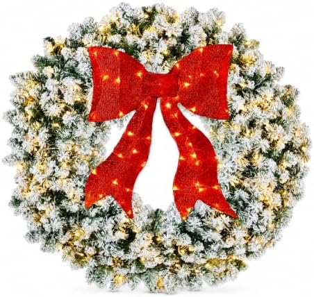 48in Large Flocked Artificial Pre-Lit Fir Christmas Wreath