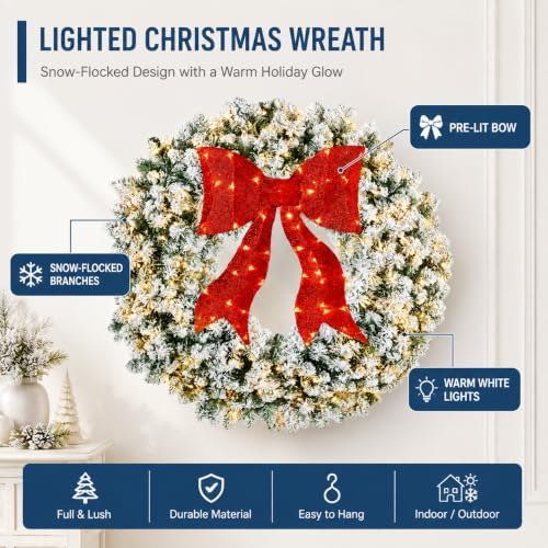 48in Large Flocked Artificial Pre-Lit Fir Christmas Wreath, alternate view 2