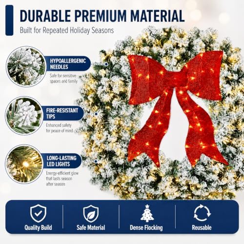 48in Large Flocked Artificial Pre-Lit Fir Christmas Wreath, alternate view 6