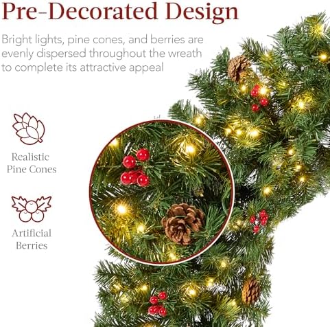 48in Pre-Lit Christmas Wreath w/Berries & Pinecones, Large Artificial Indoor/Outdoor Decor for Door, Mantel, alternate view 3