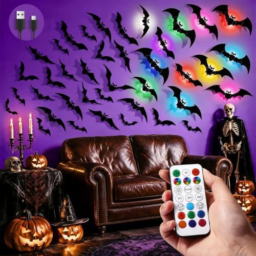 48P Bats Halloween Decorations + 12P Rechargeable Lights with Remote