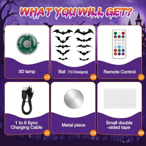48P Bats Halloween Decorations + 12P Rechargeable Lights with Remote, alternate view 3