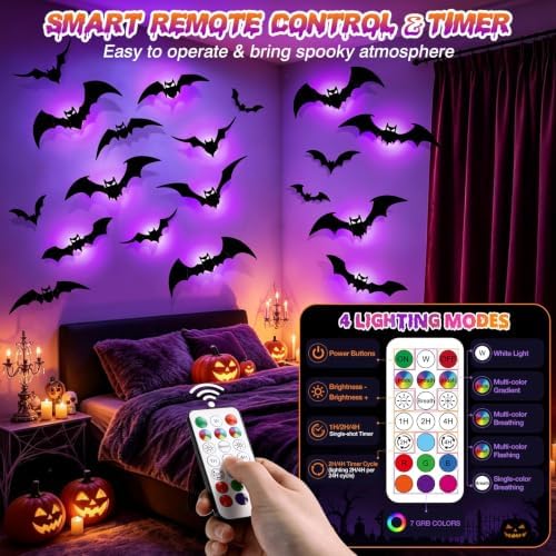 48P Bats Halloween Decorations + 12P Rechargeable Lights with Remote, alternate view 5