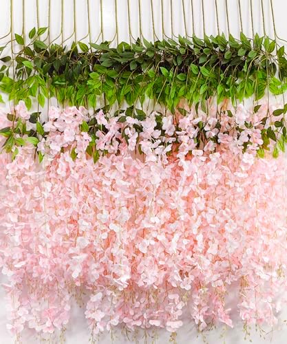48pcs Artificial Wisteria Flowers 3.6 Feet/Piece Pink Dense Artificial Fake Wisteria Vine Ratta Hanging Garland