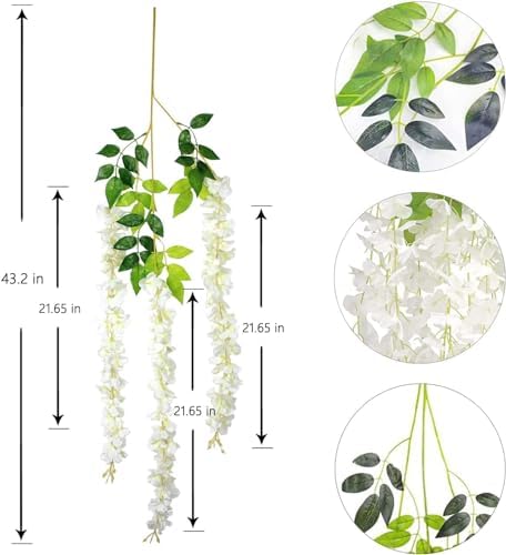 48Pcs Artificial Wisteria Flowers 3.6 Feet/Piece White Dense Artificial Fake Wisteria Vine Ratta Hanging Garland, alternate