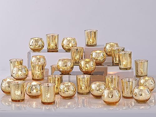 48PCS Assorted Gold Votive Candle Holders Bluk, Gold Wedding Decorations, Mercury Glass Candle Holder for Tea