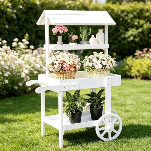 49IN Flower Cart Display Stand, Wheels, Farm Stand Outdoor, White in White
