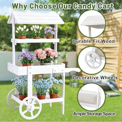 49IN Flower Cart Display Stand, Wheels, Farm Stand Outdoor, White in White, alternate view 4