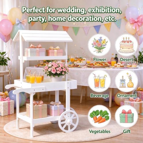 49IN Flower Cart Display Stand, Wheels, Farm Stand Outdoor, White in White, alternate view 5