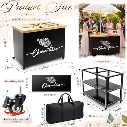 4ft Foldable Charcuterie Cart Set with Table Cloth Storage Bag Caster Portable Collapsible Food Serving Cart, alternate view