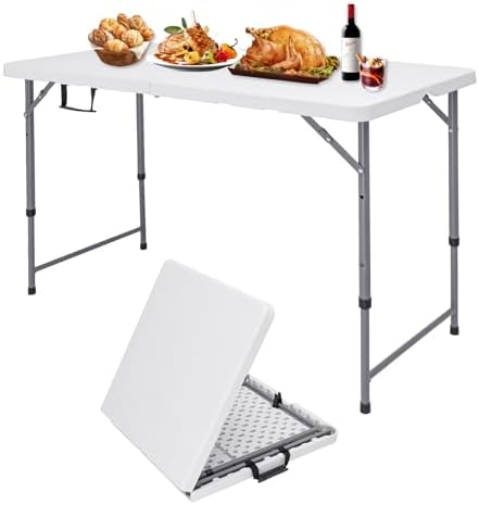 4FT Folding Table Adjustable Height, Heavy Duty Plastic Table