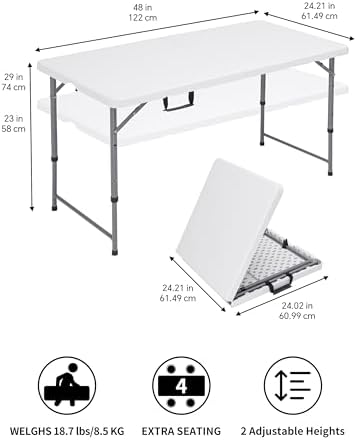 4FT Folding Table Adjustable Height, Heavy Duty Plastic Table, alternate view 3