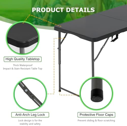 4FT Folding Table | Black | Portable Plastic Table, alternate view 4