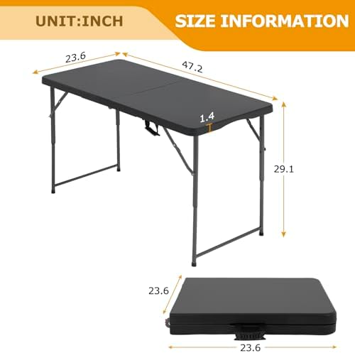 4FT Folding Table | Black | Portable Plastic Table, alternate view 3