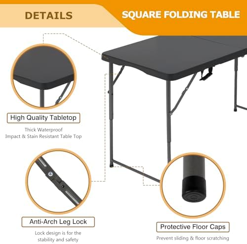 4FT Folding Table | Black | Portable Plastic Table, alternate view 4